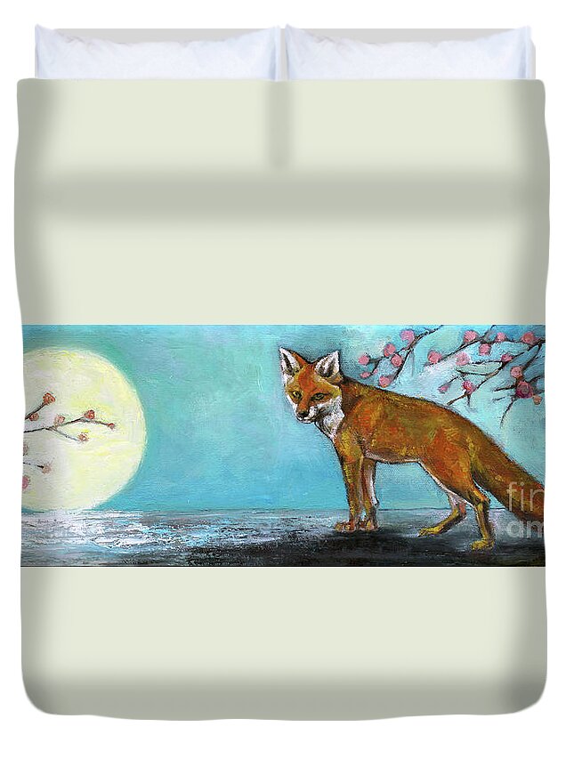 Fox Duvet Cover featuring the painting Foxxy Moon by Manami Lingerfelt