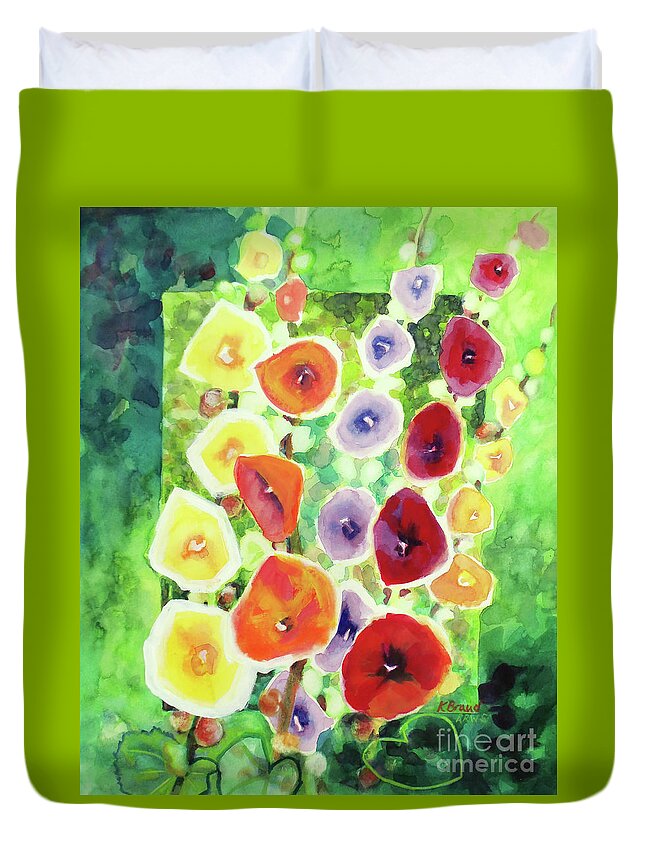 Painting Duvet Cover featuring the painting Framed in Hollyhocks by Kathy Braud