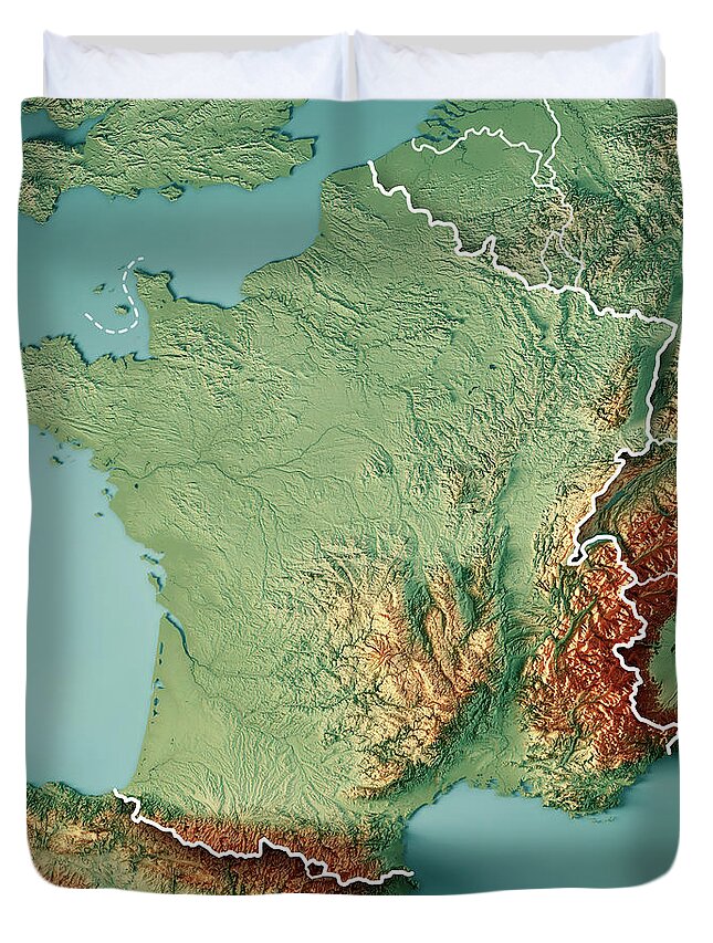 France Duvet Cover featuring the digital art France Country 3D Render Topographic Map Border by Frank Ramspott