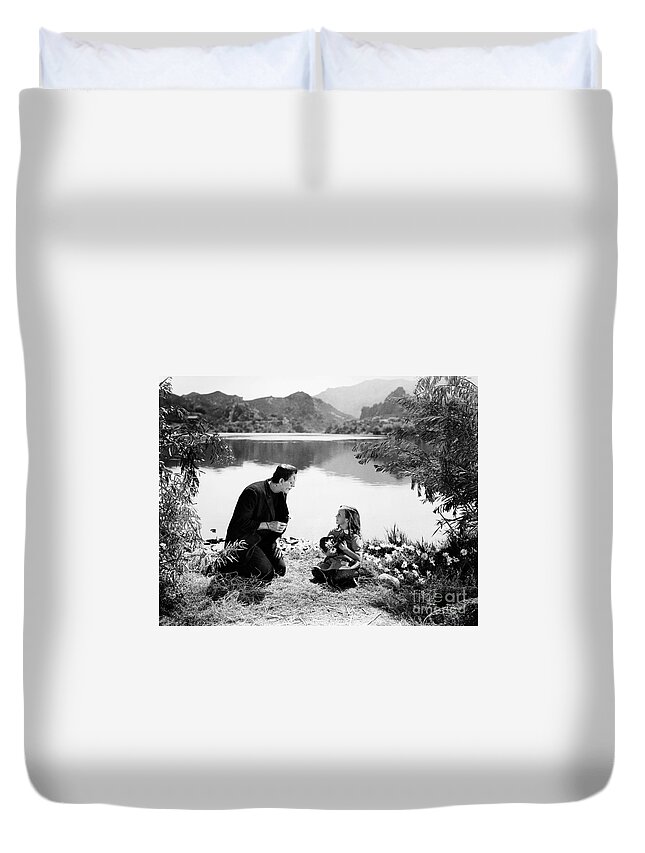 Frankenstein Duvet Cover featuring the photograph Frankenstein by the lake with little girl Boris Karloff by Vintage Collectables