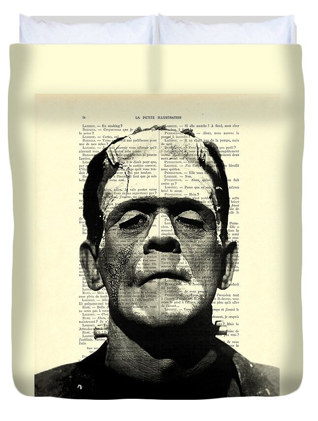 Black And White Duvet Cover featuring the digital art Frankenstein on dictionary page by Madame Memento