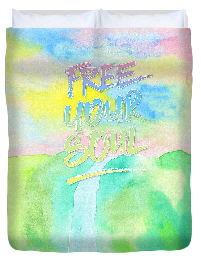 Free Your Soul Duvet Cover featuring the painting Free Your Soul Watercolor Colorful Spring Waterfall Painting by Beverly Claire Kaiya