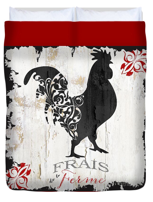 Farm Duvet Cover featuring the painting French Farm Sign Rooster by Mindy Sommers