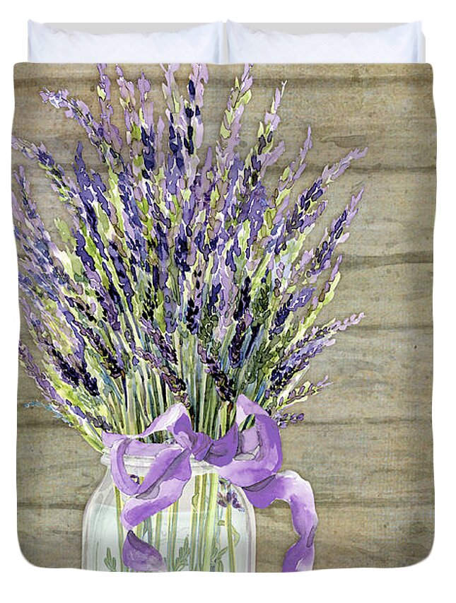 Watercolor Duvet Cover featuring the painting French Lavender Rustic Country Mason Jar Bouquet on Wooden Fence by Audrey Jeanne Roberts