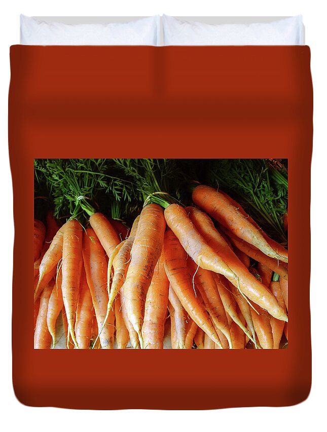 Carrot Duvet Cover featuring the photograph Fresh carrots from the summer garden by GoodMood Art