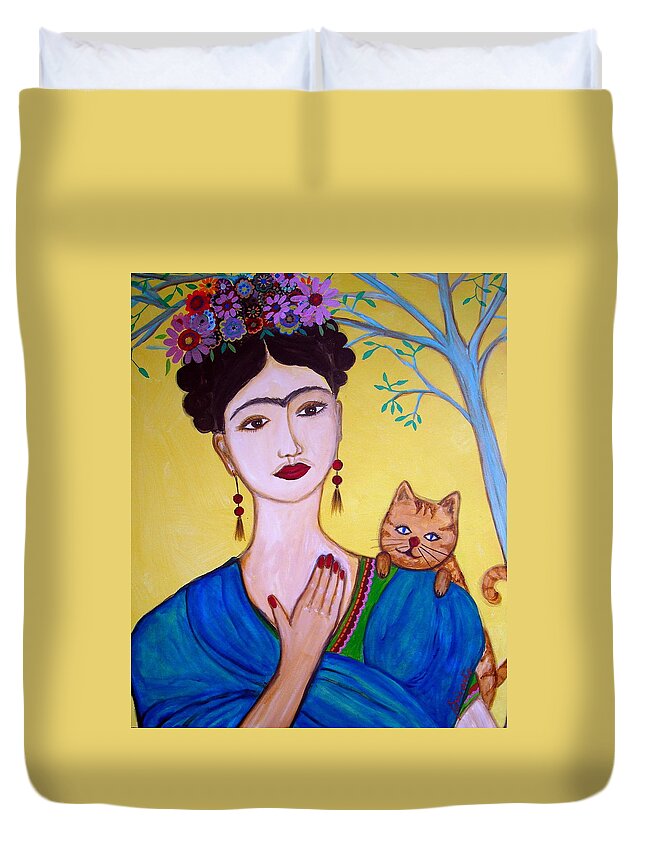 Day Duvet Cover featuring the painting Frida And Her Cat by Pristine Cartera Turkus