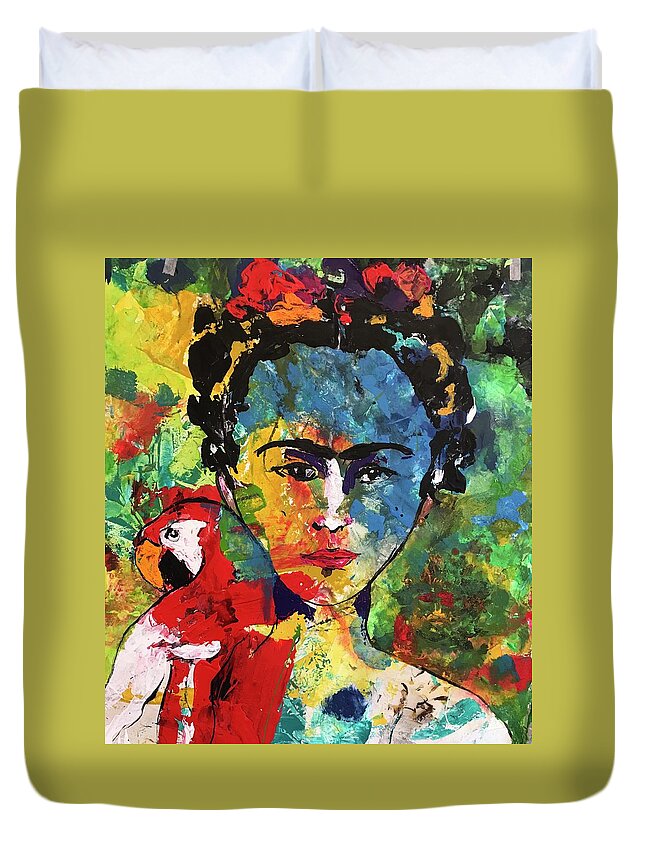 Frida Duvet Cover featuring the painting Frida and Parrot Uno by Elaine Elliott