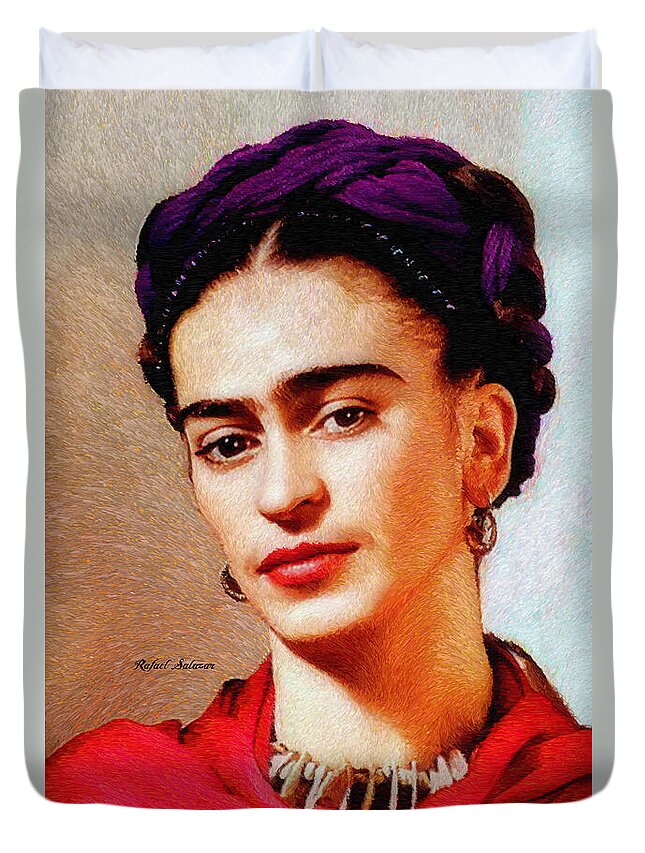 Rafael Salazar Duvet Cover featuring the painting Frida in Red by Rafael Salazar