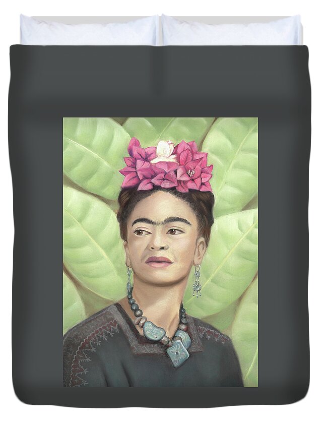 Frida Kahlo Duvet Cover featuring the pastel Frida Kahlo by Linda Ruiz-Lozito