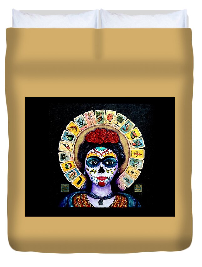 Dia De Los Muertos Duvet Cover featuring the painting Frida Loteria by Candy Mayer
