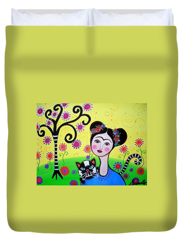 Prisarts Duvet Cover featuring the painting Frida With Her Cat by Pristine Cartera Turkus