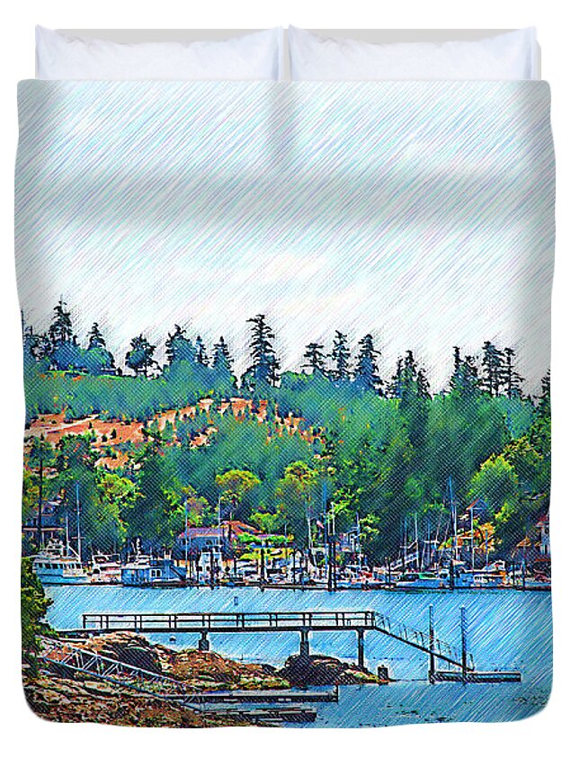 Friday-harbor Duvet Cover featuring the digital art Friday Harbor Sketched by Kirt Tisdale