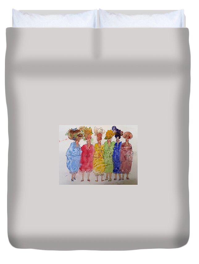 Women Duvet Cover featuring the painting The Crazy Hat Society by Marilyn Jacobson