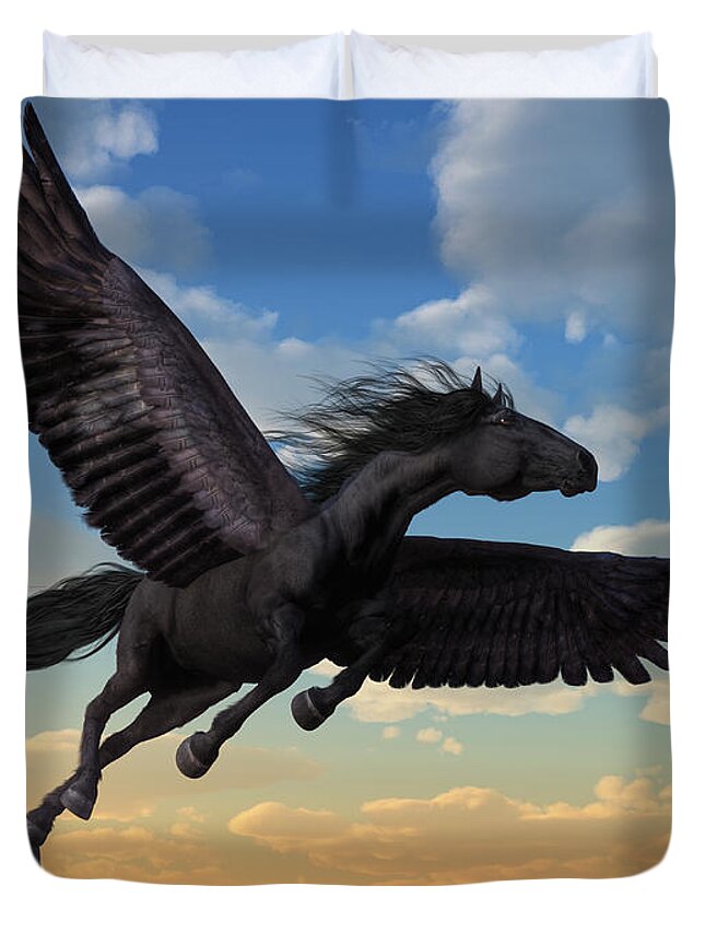 Black Pegasus Duvet Cover featuring the digital art Friesian Pegasus by Daniel Eskridge
