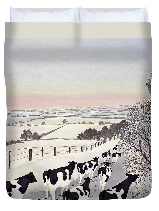 Fence Duvet Cover featuring the painting Friesians in Winter by Maggie Rowe