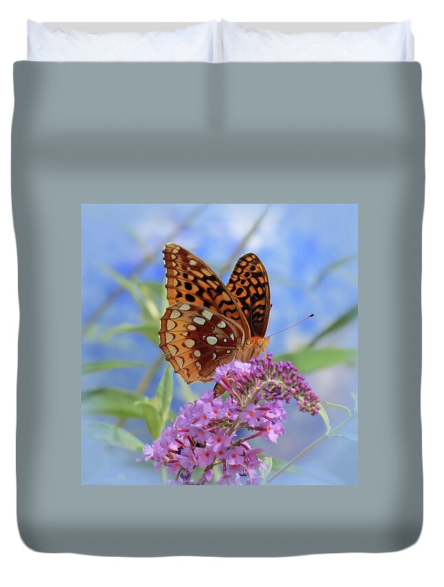 Fritillary Butterfly Duvet Cover featuring the photograph Fritillary on Blue by MTBobbins Photography