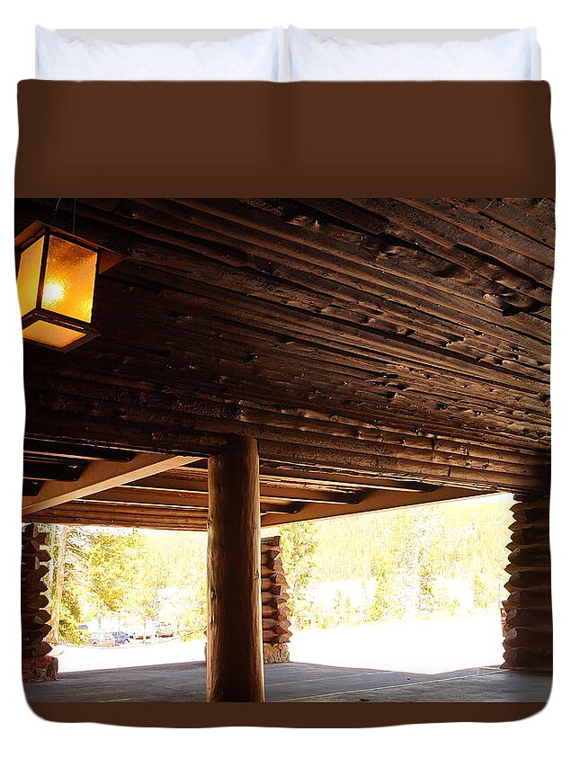 Architecture Duvet Cover featuring the photograph Front Porch of Old Faithful Inn by Beth Collins