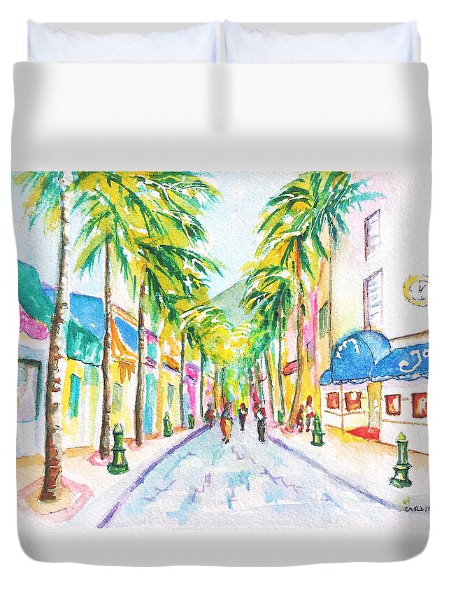 Sint Martin Duvet Cover featuring the painting Front Street Philipsburg St. Maarten by Carlin Blahnik CarlinArtWatercolor