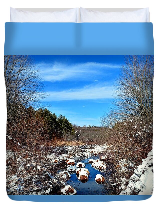 Snow Duvet Cover featuring the photograph Frosted River Grass by Dani McEvoy