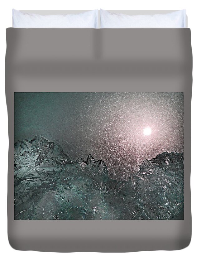 Window Frost Duvet Cover featuring the photograph Frosty Window Landscape by Nancy Griswold