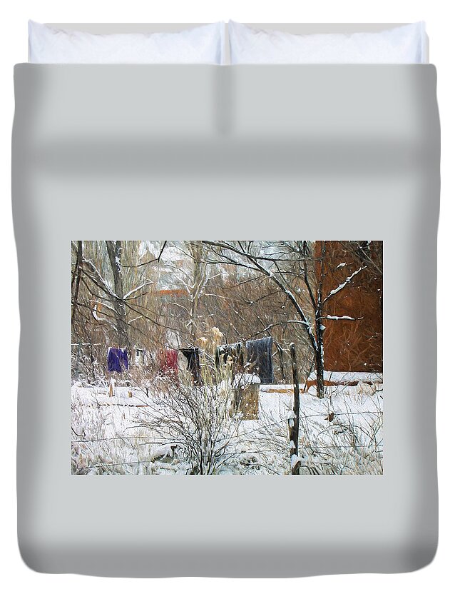 Frozen Duvet Cover featuring the photograph Frozen Laundry by Lou Novick