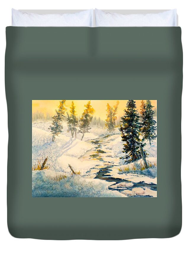 Watercolor Duvet Cover featuring the painting Frozen Stream by Carolyn Rosenberger
