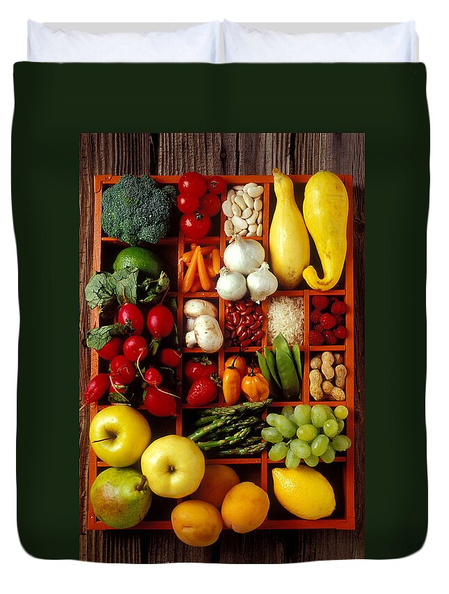 Fruits Vegetables Apples Grapes Compartments Duvet Cover featuring the photograph Fruits and vegetables in compartments by Garry Gay
