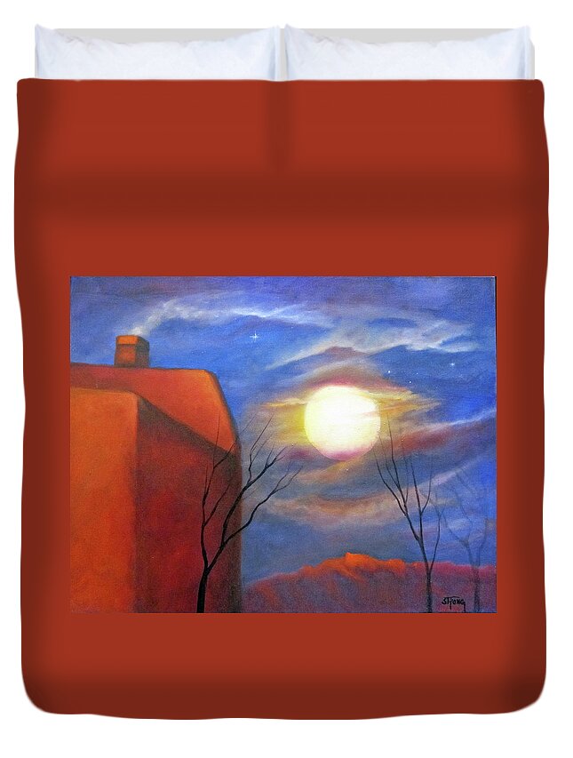 Full Moon Duvet Cover featuring the painting Full Moon At Sunset by Sherry Strong