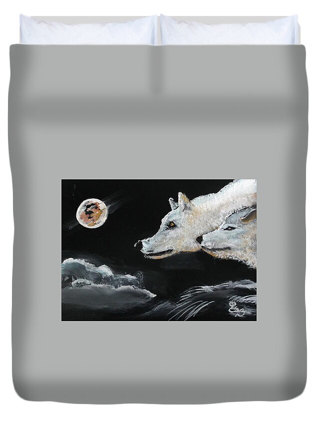 Wolf Duvet Cover featuring the painting Full Moon by Carole Robins
