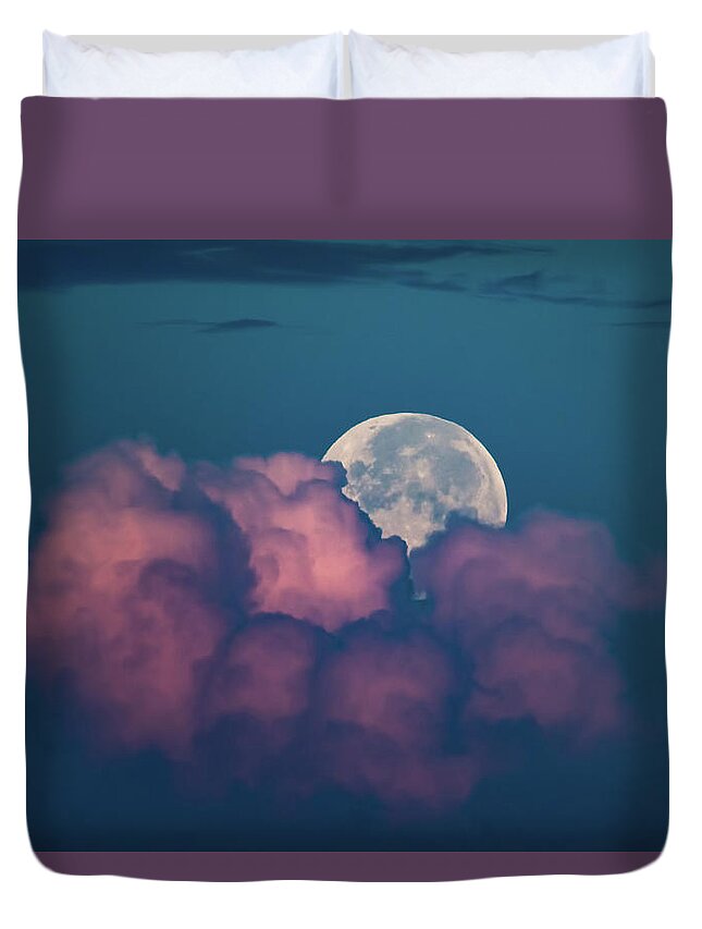 Sky Duvet Cover featuring the photograph Full Moon Setting Behind Pink Clouds by Artful Imagery