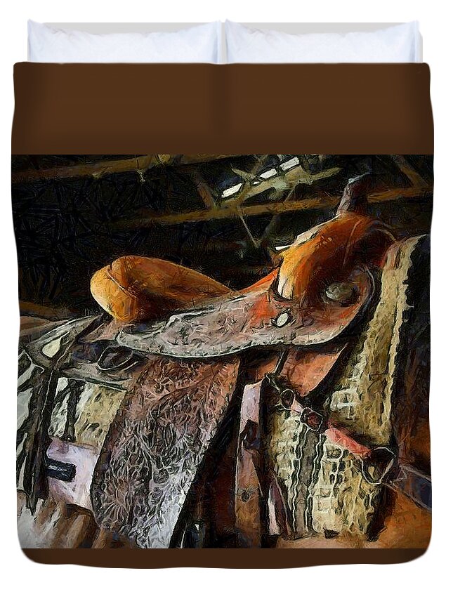 Funky Western Saddle Brown Horse Duvet Cover featuring the photograph Funky Western Saddle Brown Horse by Studio Artist
