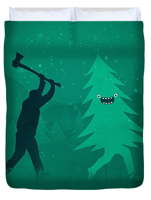 #faaAdWordsBest Duvet Cover featuring the digital art Funny Cartoon Christmas tree is chased by Lumberjack Run Forrest Run by Philipp Rietz