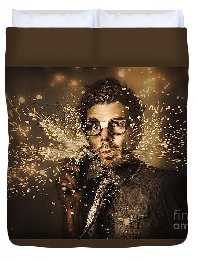 Funny Duvet Cover featuring the photograph Funny male beauty and fashion nerd by Jorgo Photography
