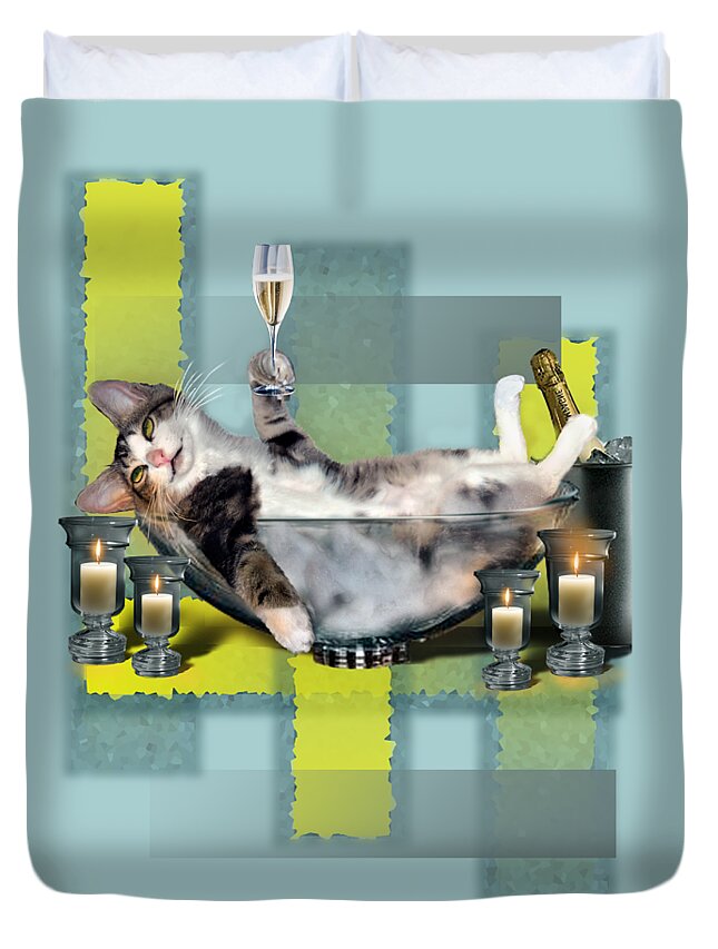 Funny Pet Print Tipsy Cat Art Print Digital Painting With A Cat Drinking Champagne Pet Canvas Art Print Tabby Cat In Humorous Scene Humorous Cat Art Print Cat Taking A Babble Bath Bathroom Scene Print Cat Taking A Bath In Candlelight Print Tipsy Cat Taking A Bath Canvas Prints Tipsy Cat Taking A Bath Greeting Card Funny Pet Art By Gina Femrite Pet Drinking Champagne Framed Print Photo Realism Pet Print Funny Animal Print Print For Bathroom Duvet Cover featuring the painting Funny pet print with a tipsy kitty by Regina Femrite