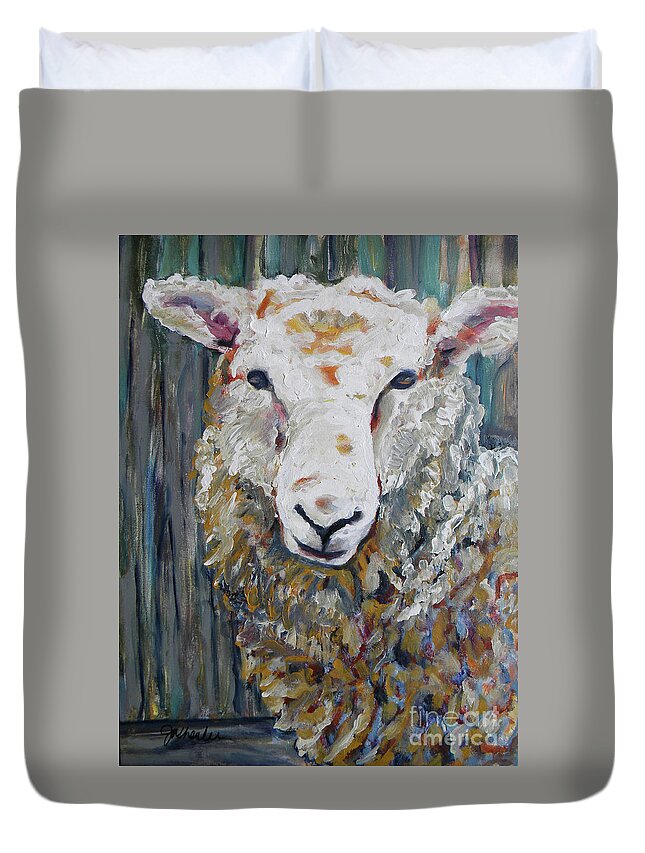 Sheep. Ewe Duvet Cover featuring the painting Fuzzy by JoAnn Wheeler