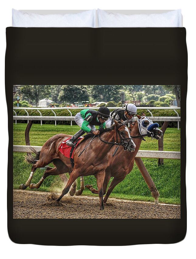 Race Horses Duvet Cover featuring the photograph Gaining by Jeffrey PERKINS
