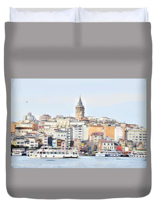 Galata Tower Duvet Cover featuring the painting Galata tower , istanbul Turkey by Celestial Images