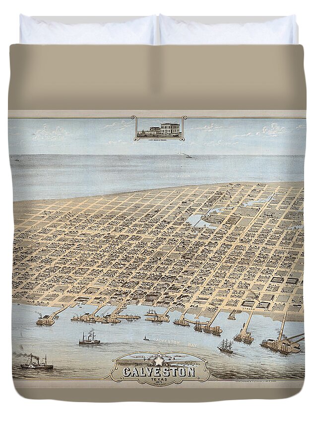 Texas Duvet Cover featuring the digital art Galveston 1871 by Camille Drie by Texas Map Store