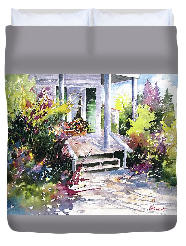 Landscape Duvet Cover featuring the painting Galveston Welcome by Rae Andrews