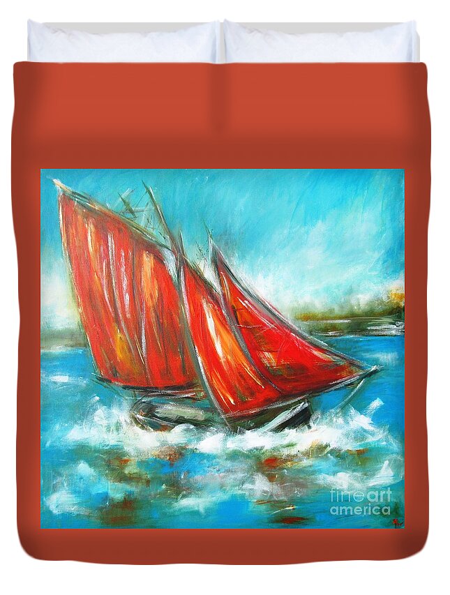 Galway Hooker Duvet Cover featuring the painting Paintings of Galway hooker on galway bay - see www.pxi-art.com by Mary Cahalan Lee - aka PIXI