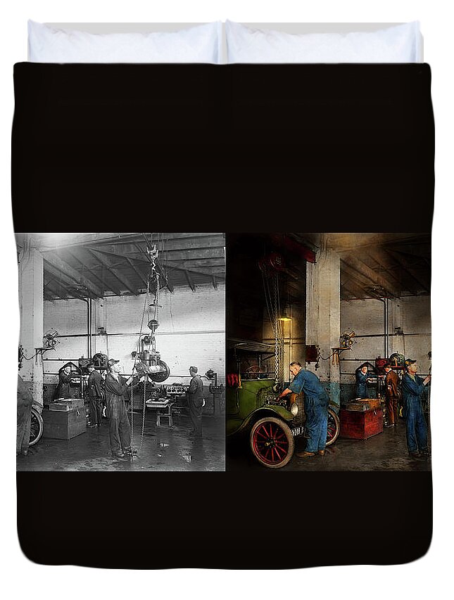 Garage Duvet Cover featuring the photograph Garage - Mechanic - The overhaul 1919 - Side by Side by Mike Savad