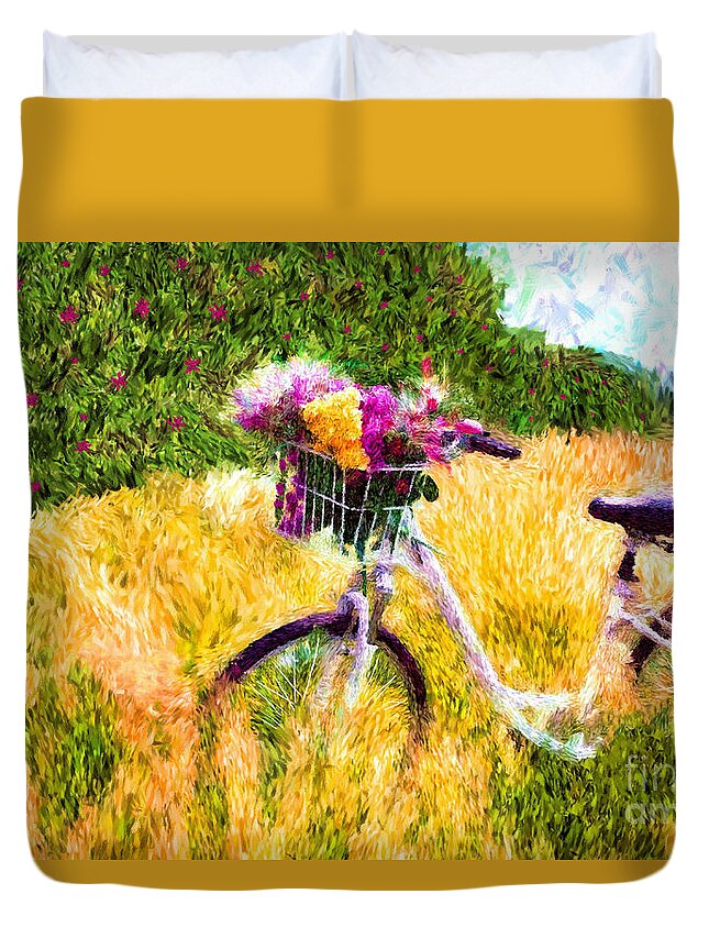 Bicycle Duvet Cover featuring the painting Garden Bicycle Print by Tina LeCour