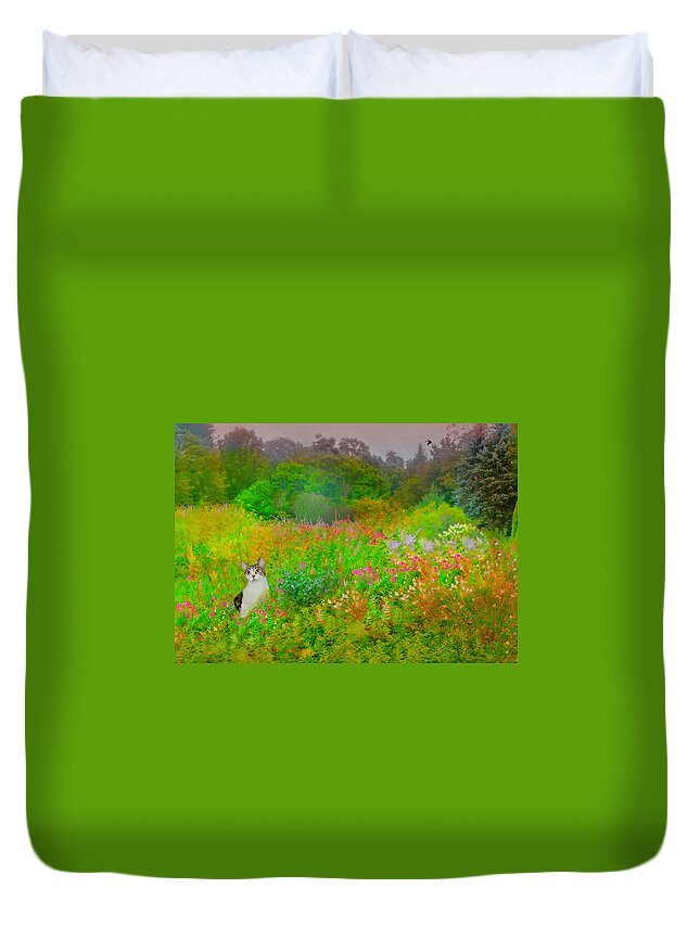 Flowers Duvet Cover featuring the photograph Garden Cat by Diana Angstadt