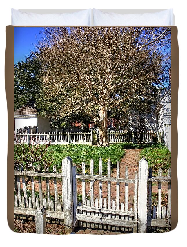 Garden Gate Colonial Williamsburg Virginia Tree Fence Blue Sky Spring Brick Path Ball And Chain Weighted Fence Duvet Cover featuring the photograph Garden Gate Colonial Williamsburg Virginia II by Karen Jorstad