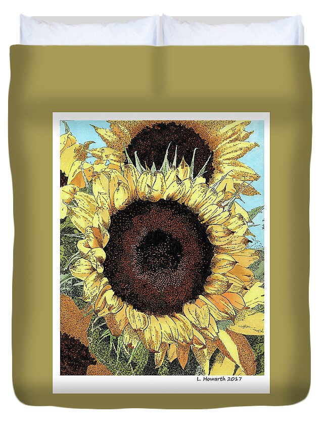 Sunflowers Duvet Cover featuring the drawing Garden Gold by Louise Howarth