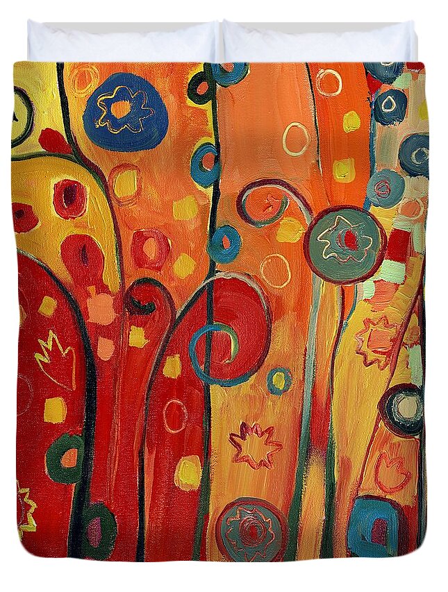 Abstract Duvet Cover featuring the painting Garden Joy in Red by Jennifer Lommers