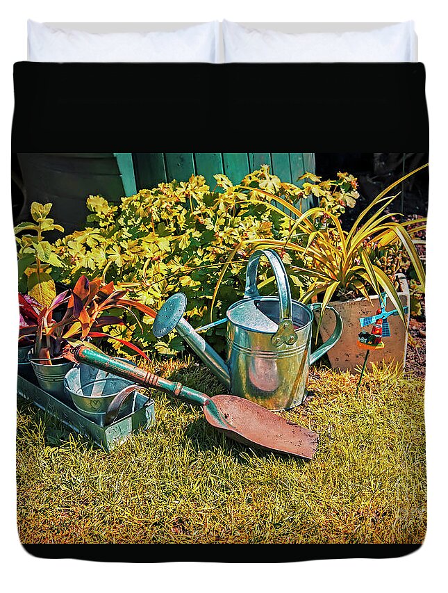 Pot Duvet Cover featuring the photograph Garden Tools by Ariadna De Raadt