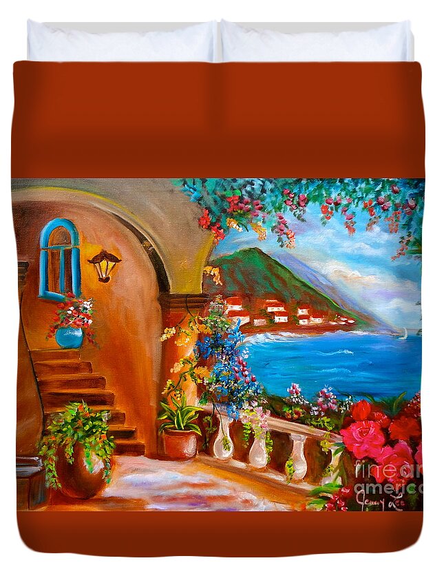 Venice Scene Duvet Cover featuring the painting Garden Veranda 1 Jenny Lee Discount by Jenny Lee