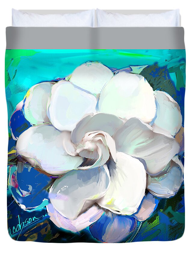 Gardenia Duvet Cover featuring the painting Gardenia Teal 1 by Jackie Medow-Jacobson