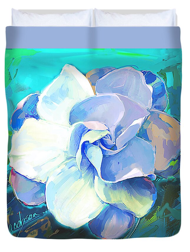 Gardenia Duvet Cover featuring the painting Gardenia 3 Teal by Jackie Medow-Jacobson